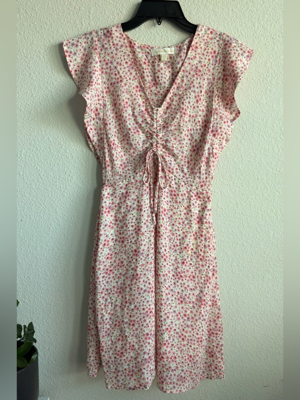 Monteau Floral Ruched Mini Dress Small Tie Front Flutter Sleeve - Picture 2 of 6